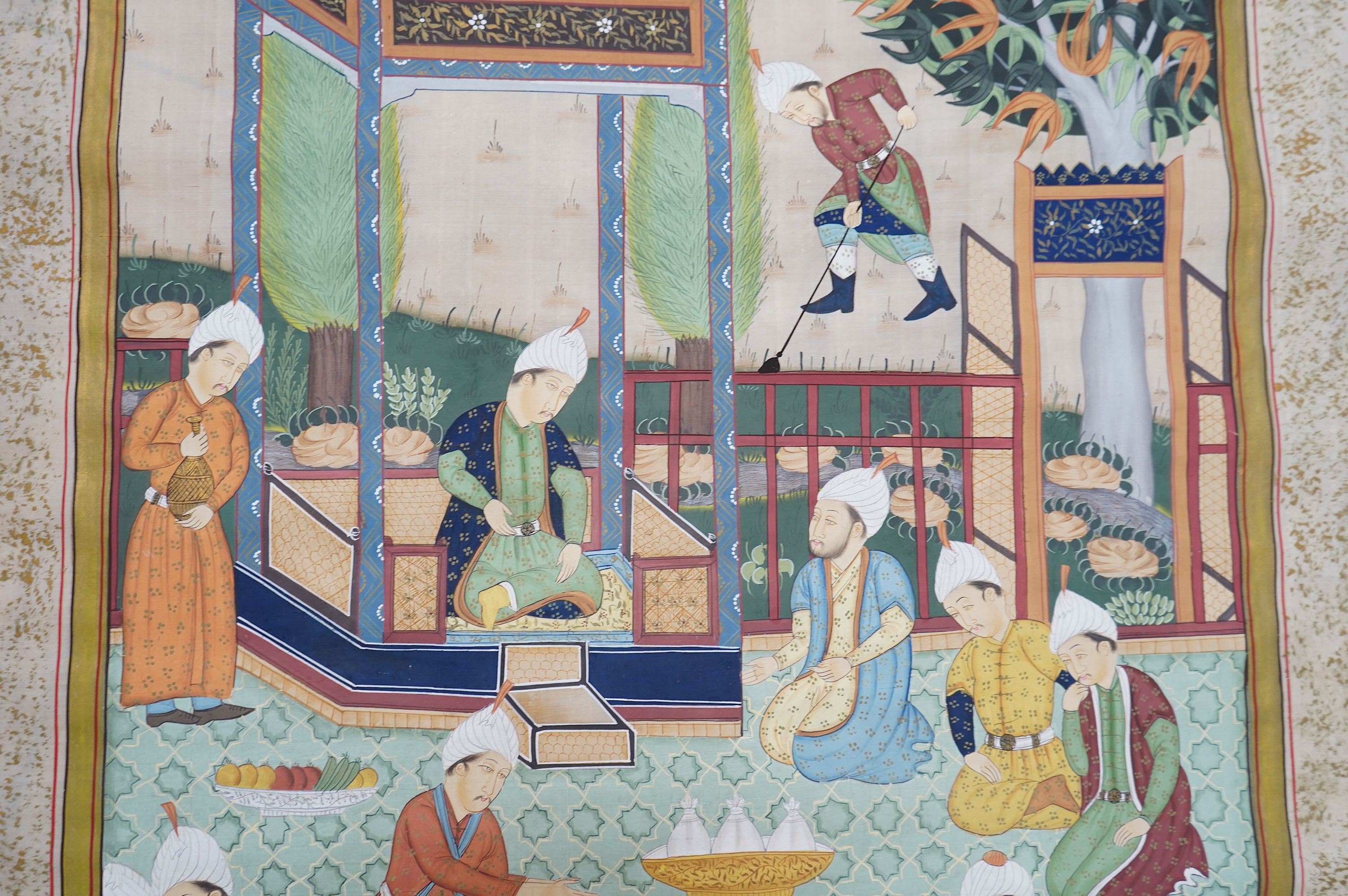 A mid 20th century Persian painting on silk, 65cm wide x 95cm high. Condition - fair, small damage near top corner